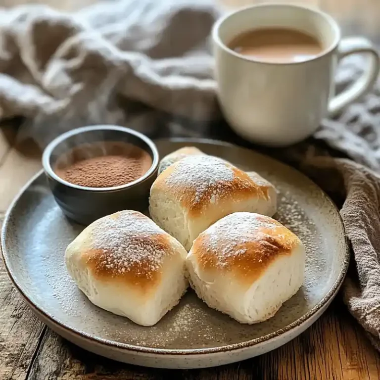 plate of soft senorita bread rolls dusted with sugar, served with hot cocoa and coffee