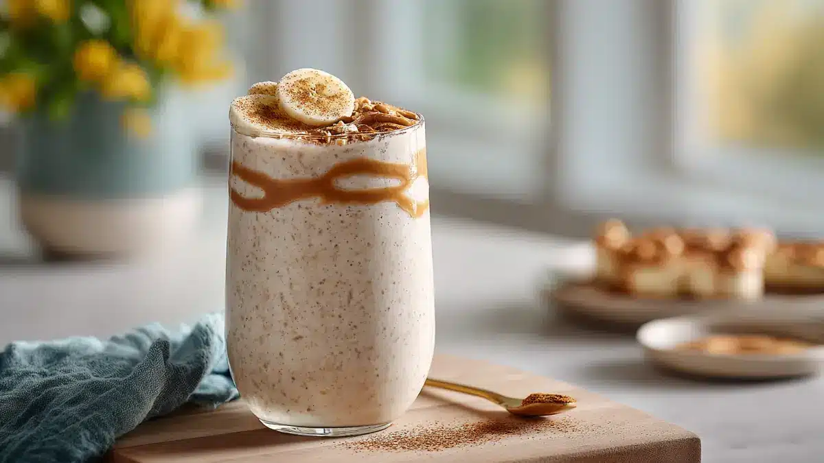 Creamy banana peanut butter smoothie in clear glass topped with sliced bananas, cinnamon, and peanut butter drizzle, on a bright kitchen counter.