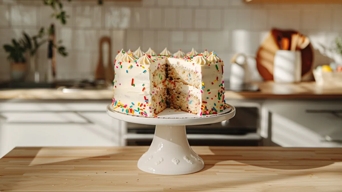 Colorful funfetti cake with white frosting and rainbow sprinkles on a cake stand in a bright kitchen