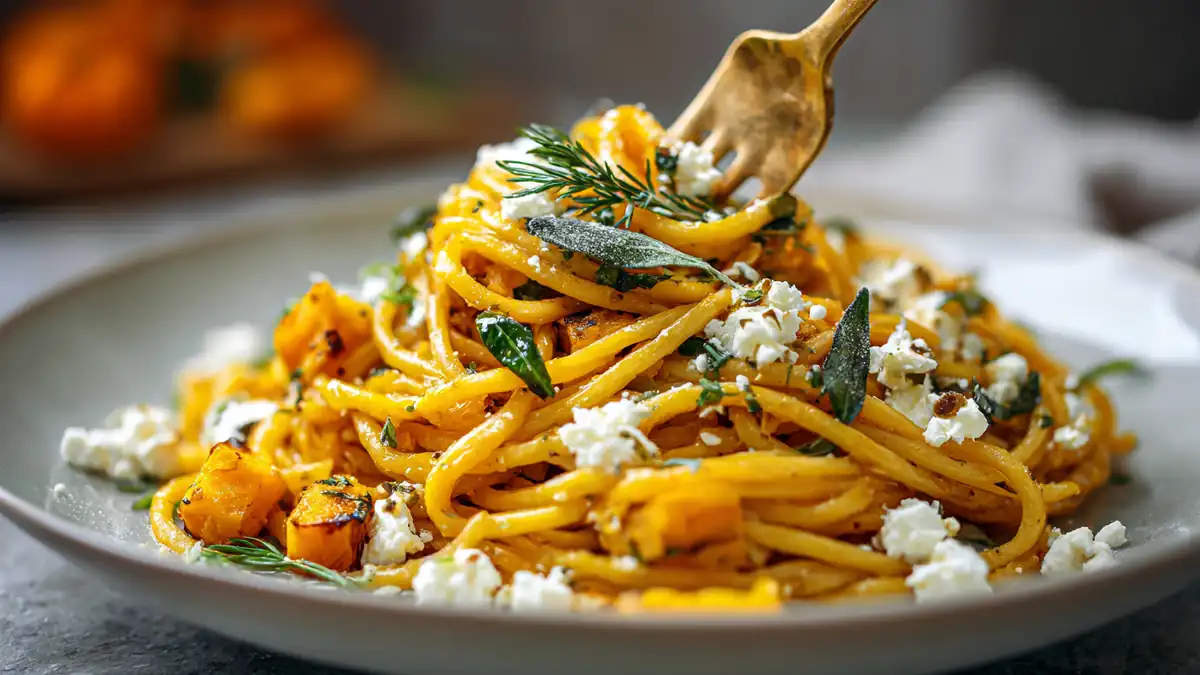 Roasted butternut squash pasta with creamy feta, crispy sage, and fresh herbs