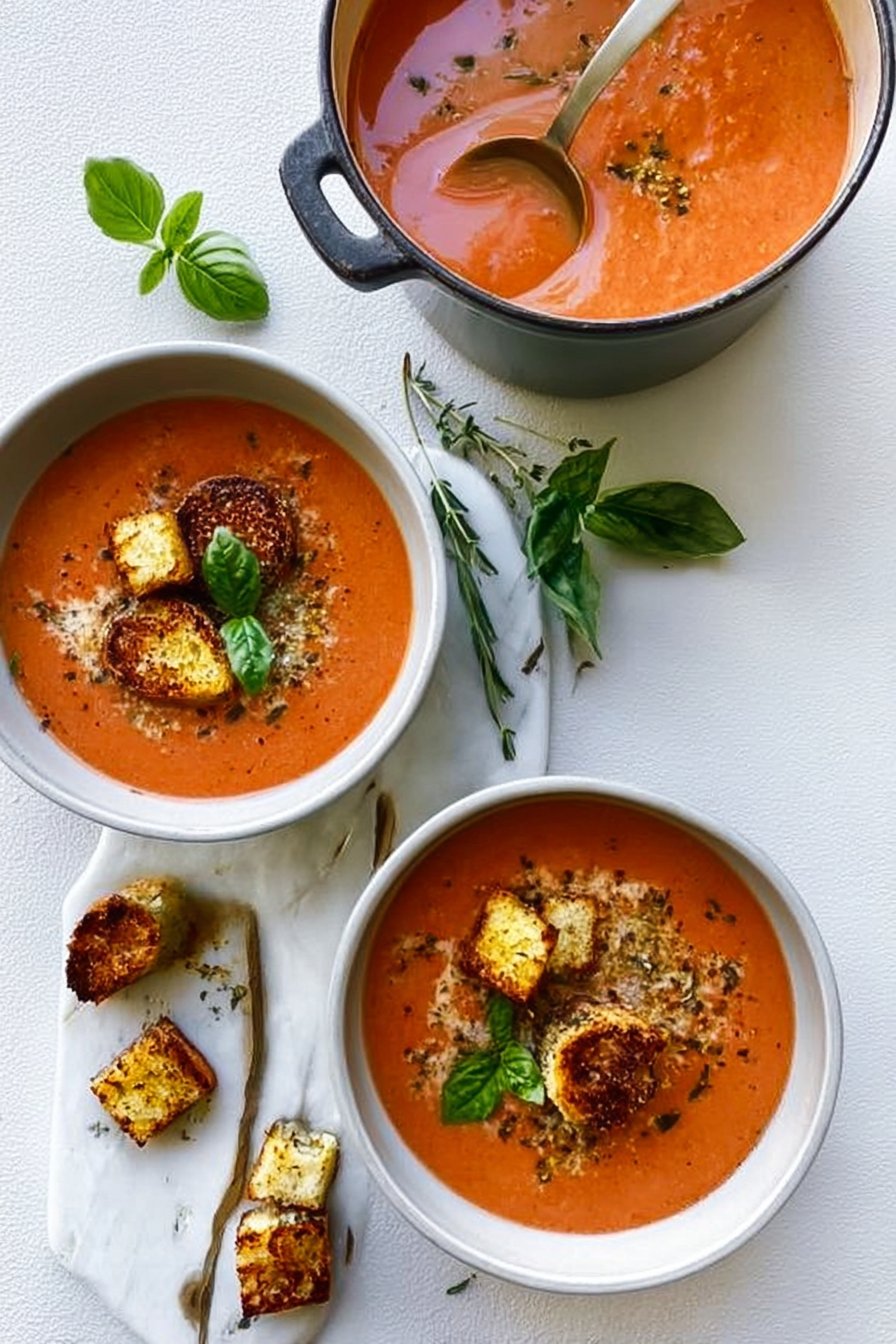 Roasted Tomato Soup with Parmesan Grilled Cheese Croutons