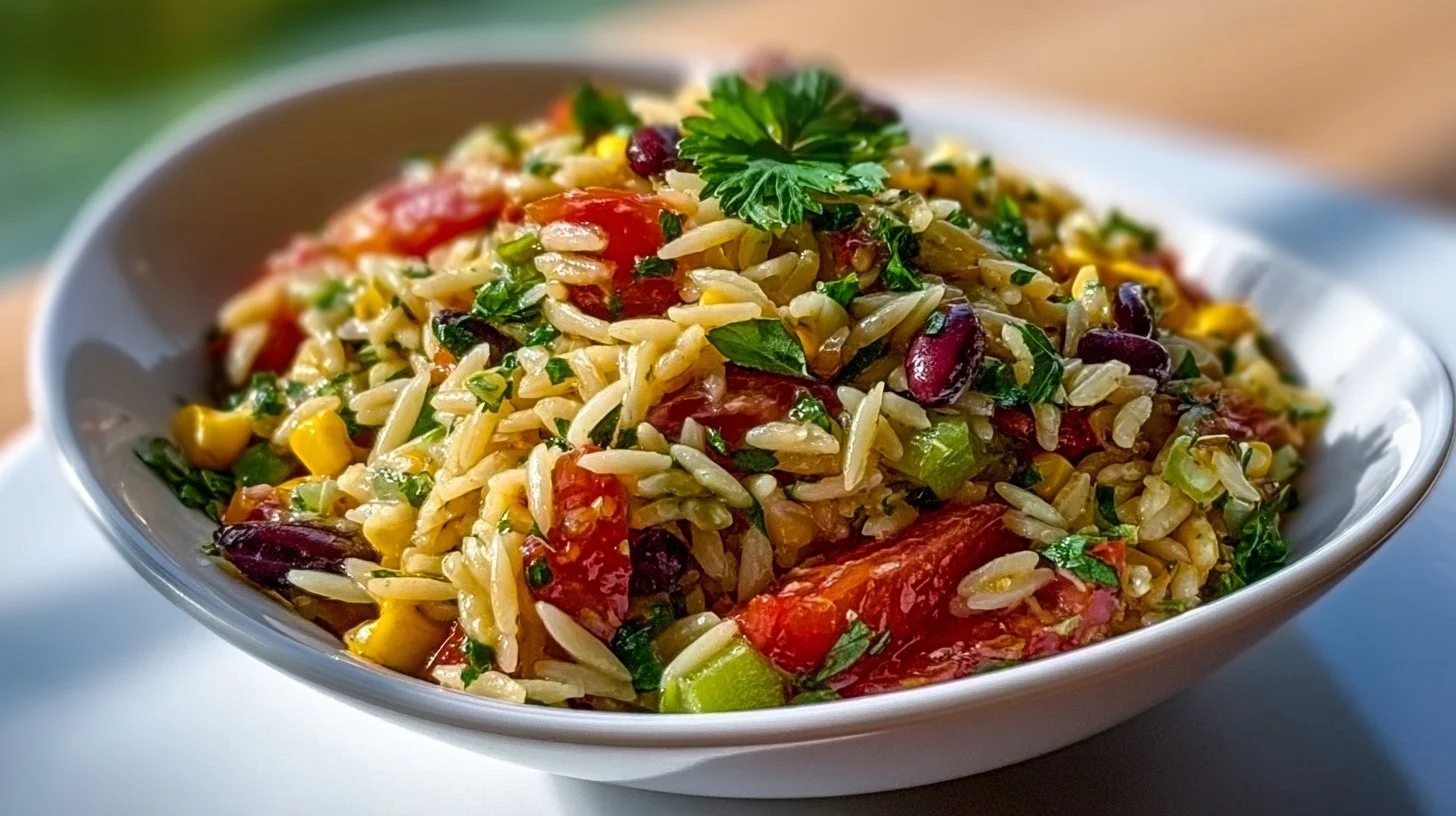 Delicious Cowboy Orzo Salad with fresh vegetables and herbs