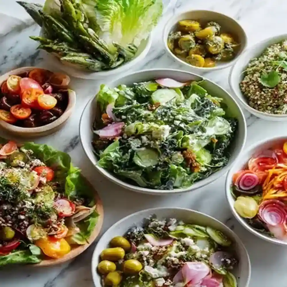 colorful variety of fresh salad bowls with lettuce, cherry tomatoes, quinoa, cucumbers, olives, and herbs on marble table