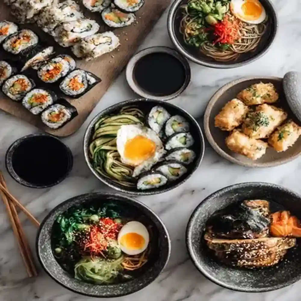 overhead view of assorted Japanese dishes including sushi rolls, ramen with egg, grilled fish, soba noodles, and dipping sauces on marble