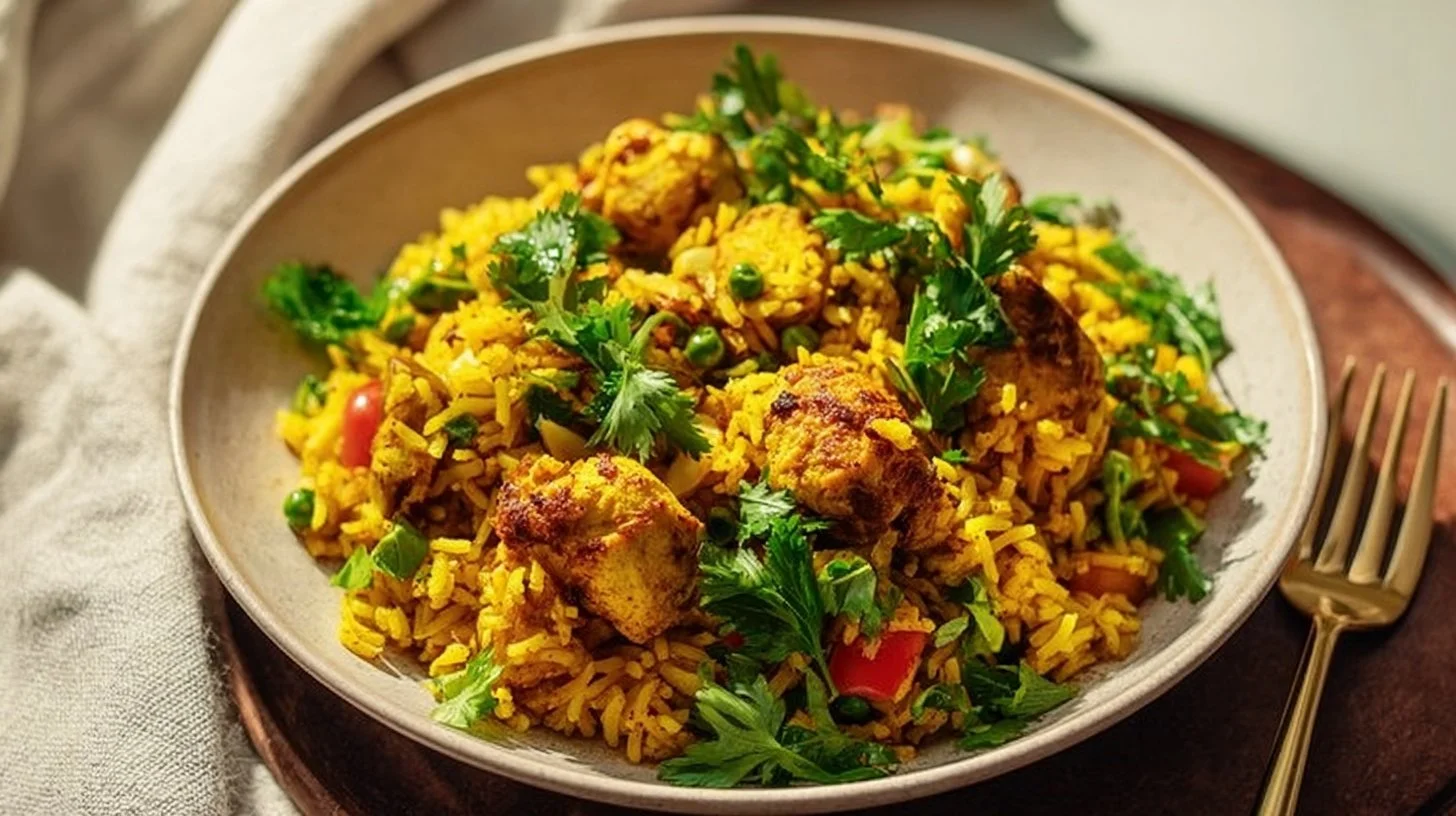 Plate of anti-inflammatory turmeric chicken served with rice and vegetables.