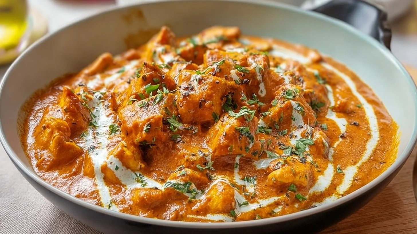 Delicious baked butter chicken dish served with rice and garnished with herbs