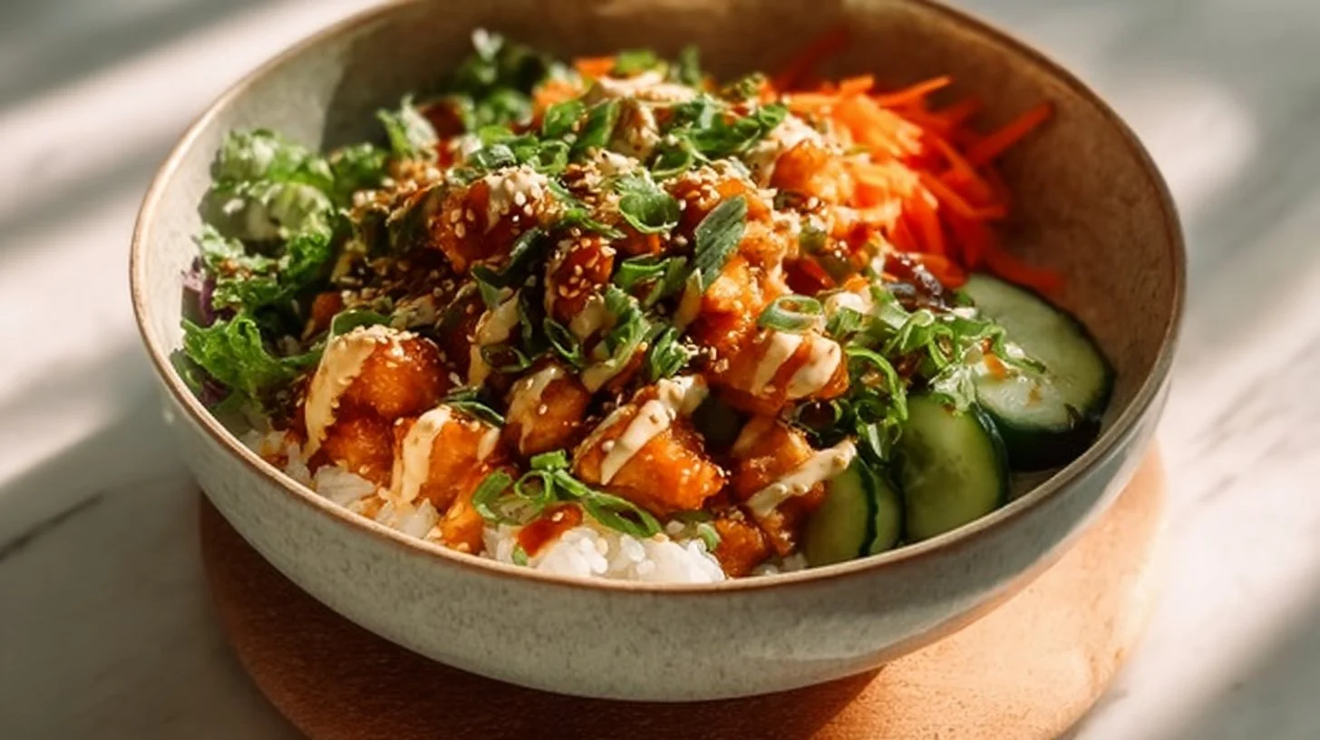 A colorful Bang Bang Chicken Bowl filled with spicy chicken, veggies, and sauce
