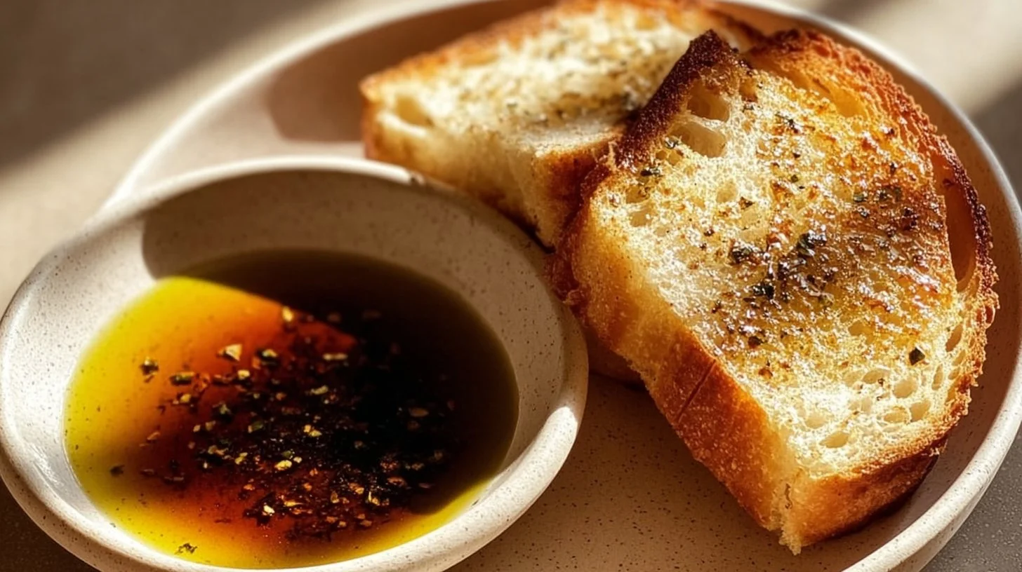 Plate of bread served with flavorful dipping oil for a tasty appetizer.