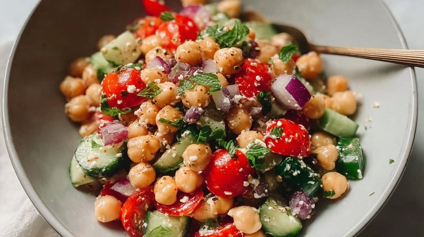 Colorful chickpea salad with fresh vegetables and herbs in a bowl