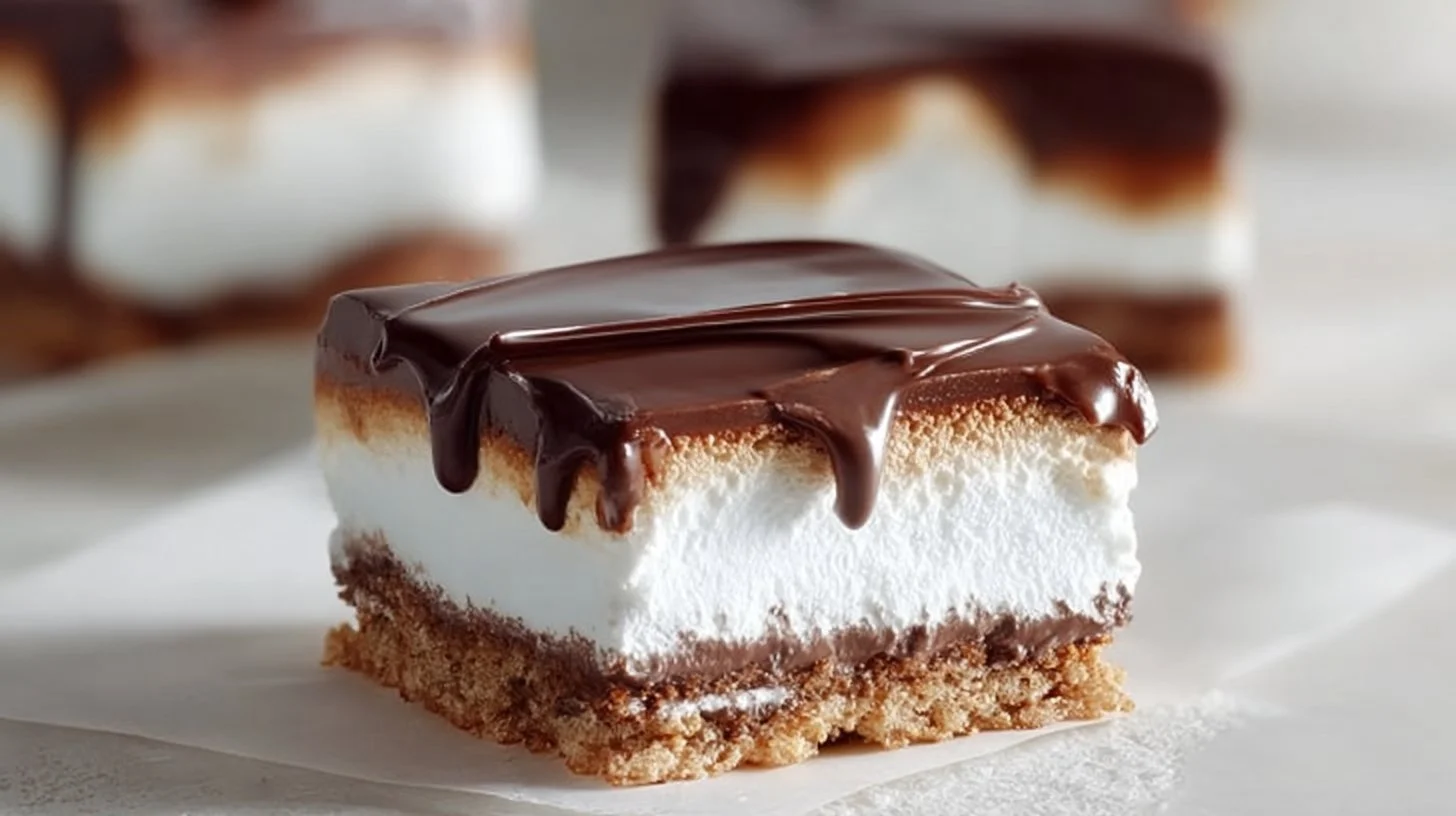 Delicious Chocolate Marshmallow Dessert Squares on a white plate