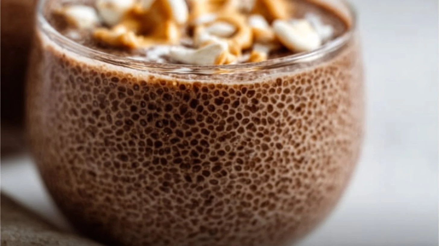 Chocolate Peanut Butter Protein Pudding in a bowl topped with nuts