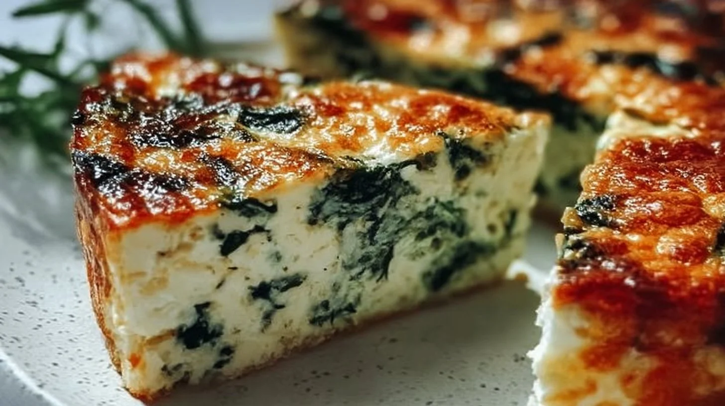 Slice of cottage cheese and spinach crustless quiche on a plate