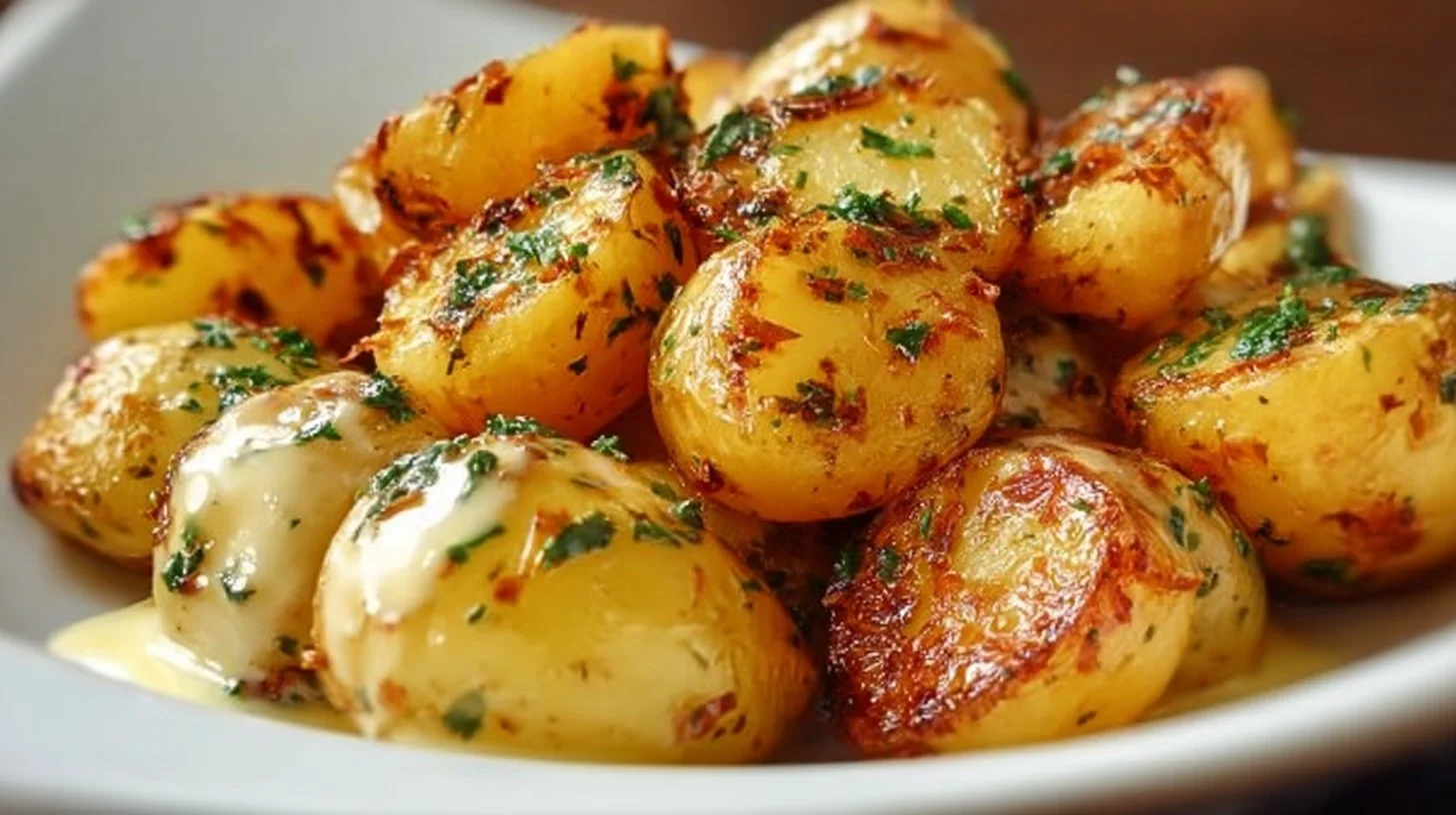 Creamy garlic potatoes dish served in a bowl with herbs