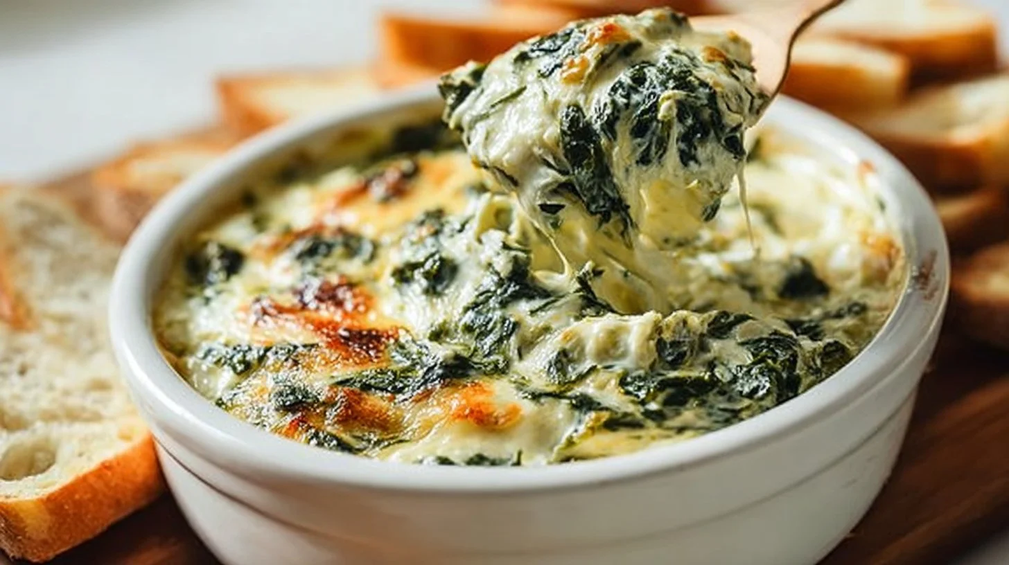 Creamy spinach artichoke dip served in a bowl