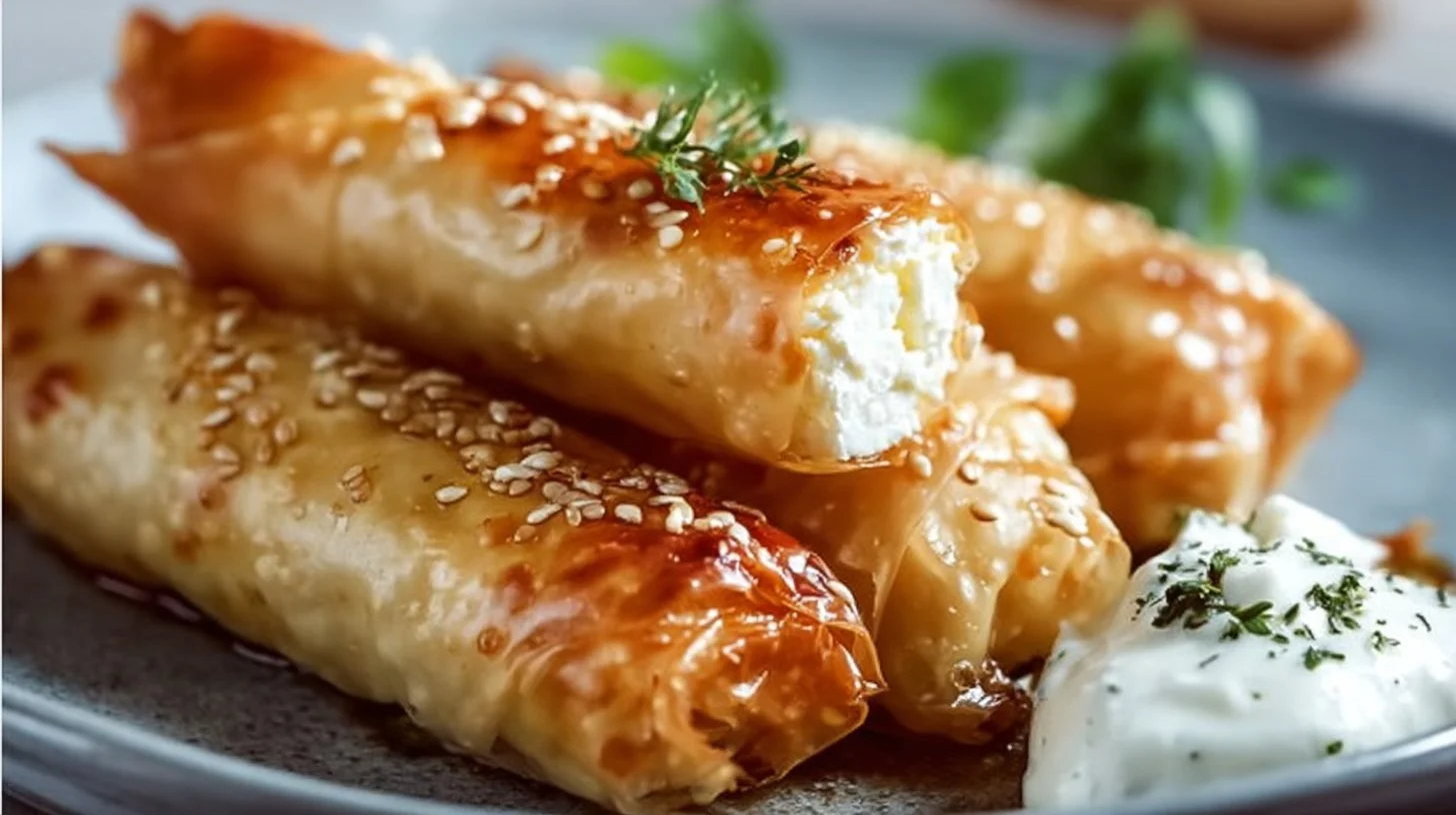 Delicious crispy feta rolls served on a platter
