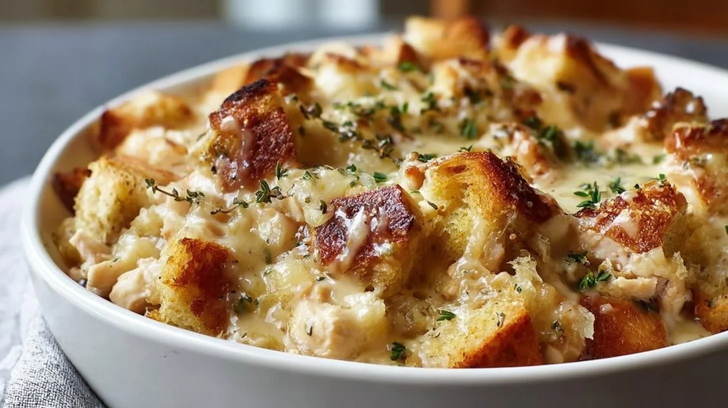 Creamy chicken stuffing bake garnished with parsley, served in a baking dish.