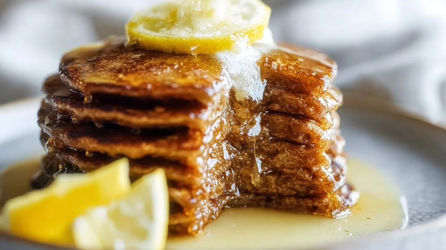 Plate of ginger pancakes drizzled with lemon syrup and garnished with lemon slices.