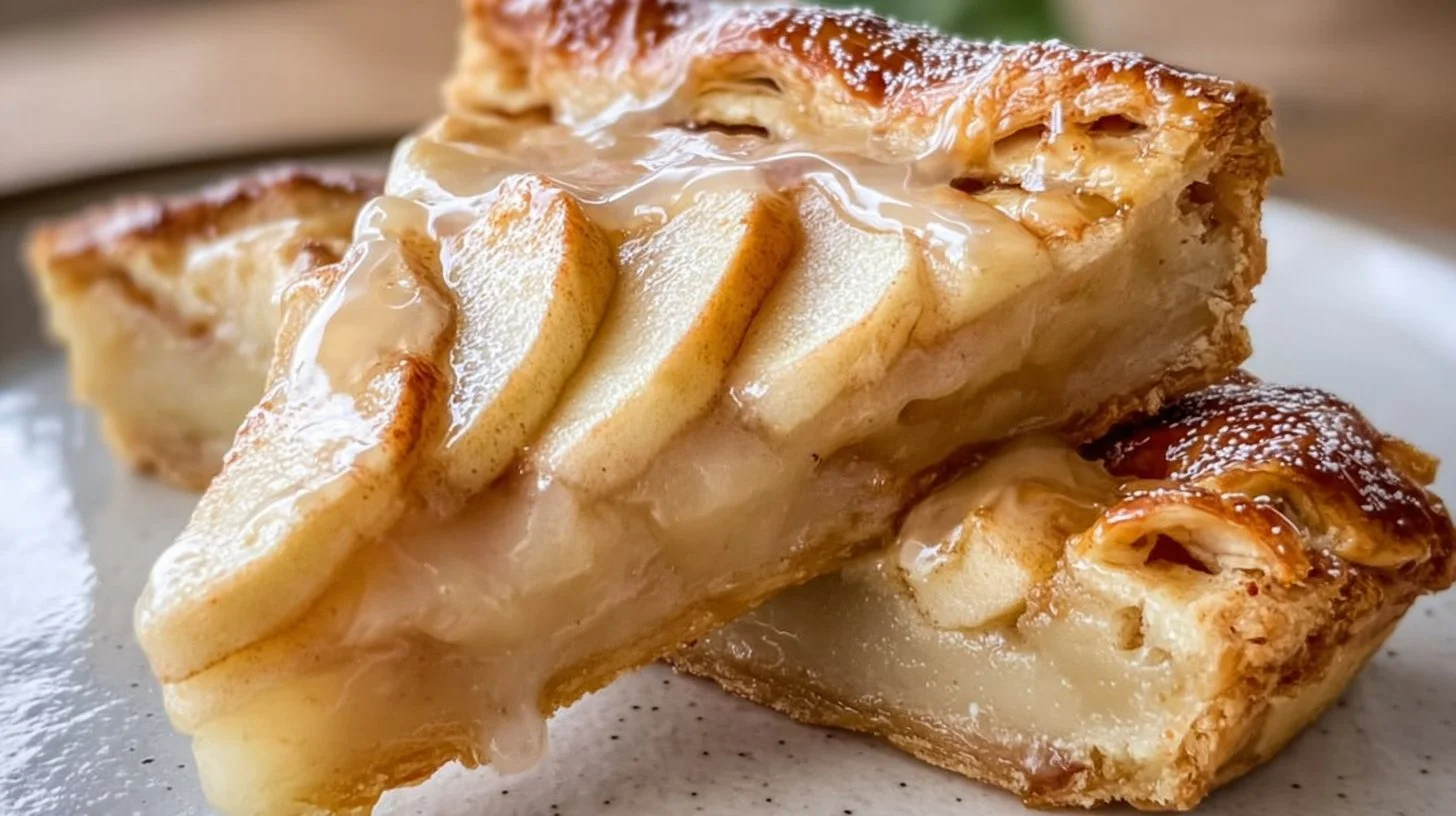 Delicious glazed apple slab pie served with a slice cut out