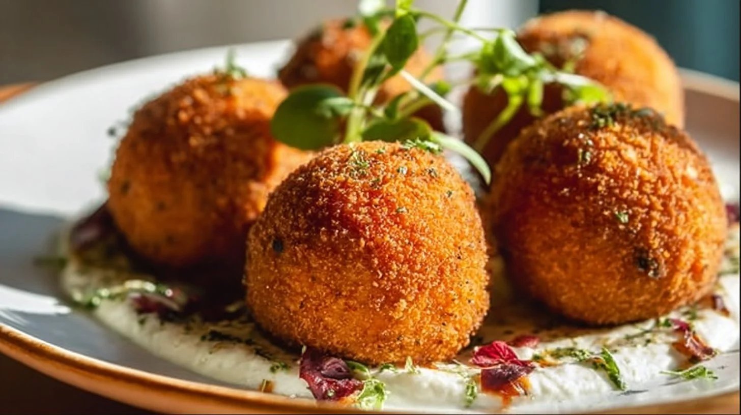 Plate of gourmet truffle mushroom arancini with a crispy coating