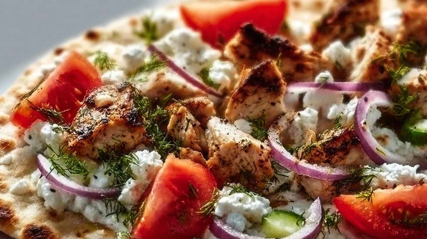 Delicious Greek Chicken Flatbread topped with fresh ingredients and herbs.