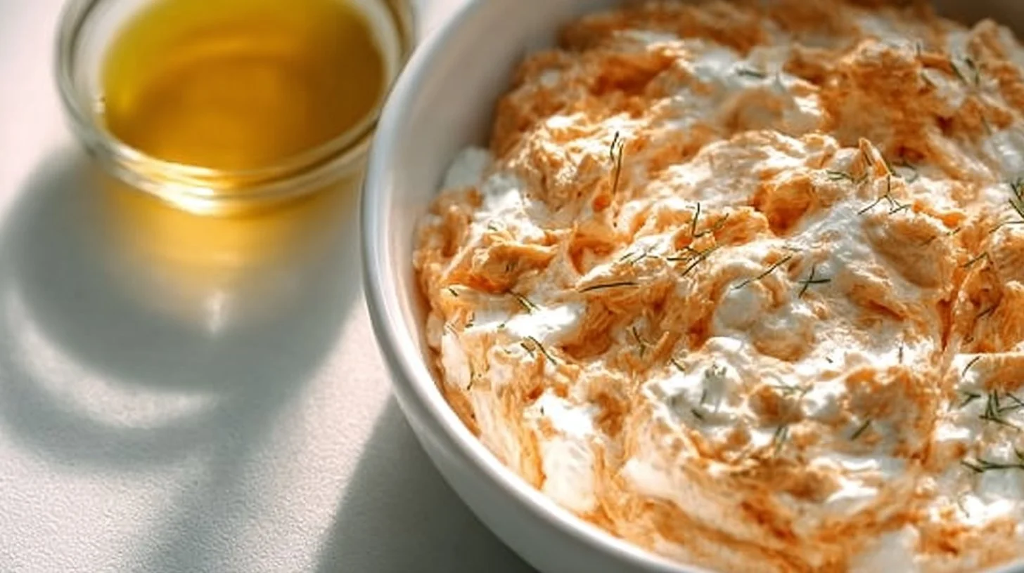 Delicious Greek Yogurt Buffalo Chicken Dip served in a bowl with chips