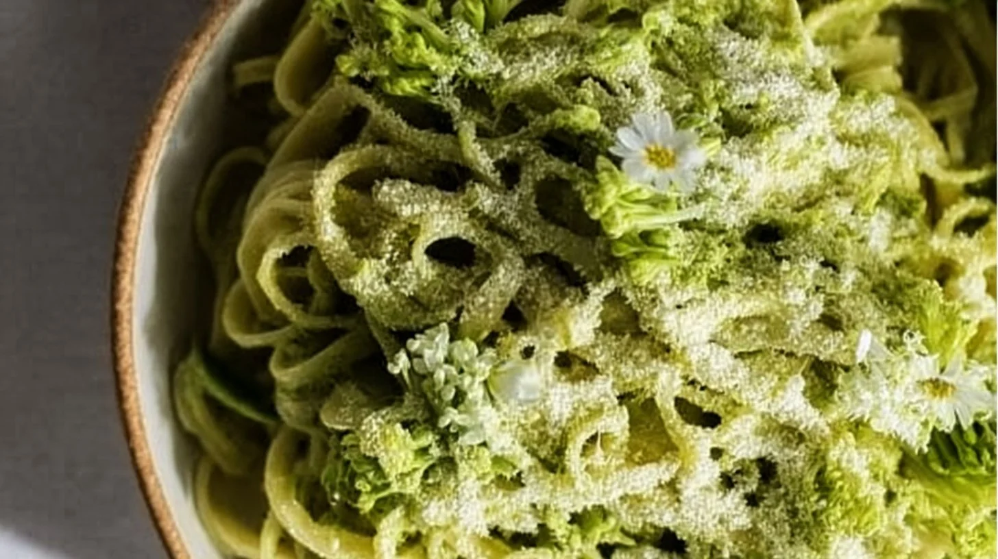 A bowl of Green Goddess Pasta Sauce with fresh herbs and vibrant colors