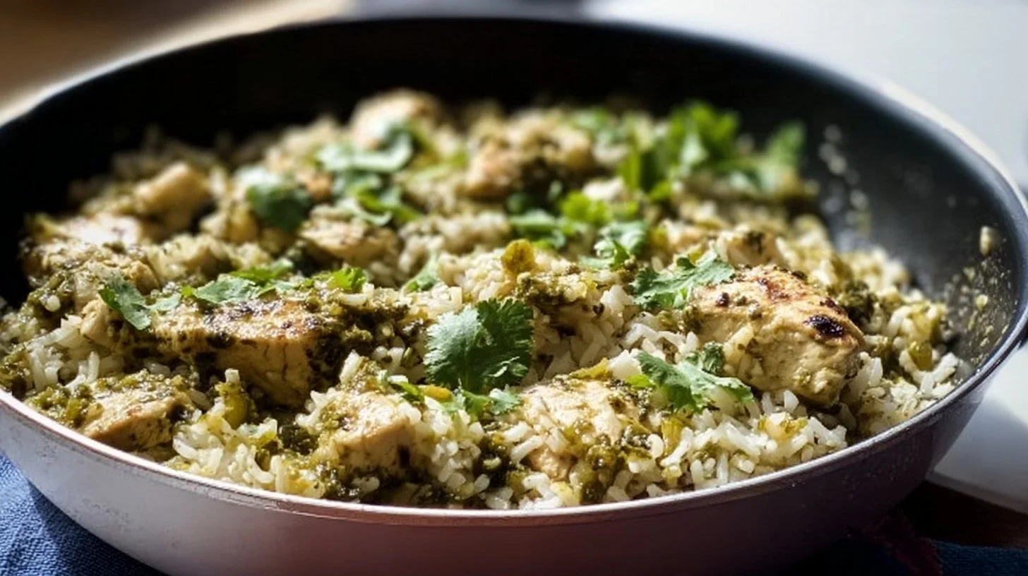 Green Sauce Chicken & Rice Skillet dish featuring tender chicken and vibrant green sauce