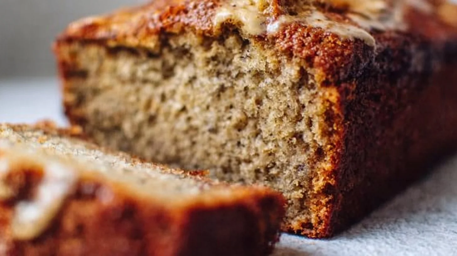 Slice of high-protein banana bread on a plate with banana slices
