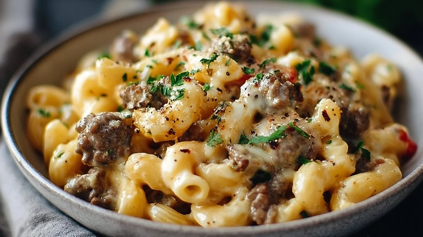 Creamy high-protein cheesesteak mac and cheese dish served in a bowl