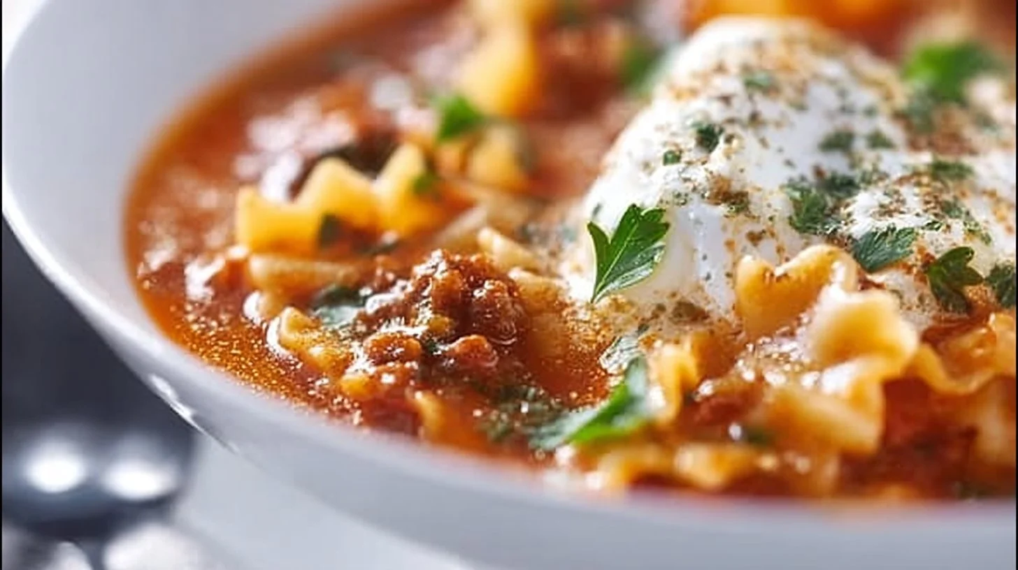 Bowl of high protein lasagna soup topped with cheese and herbs