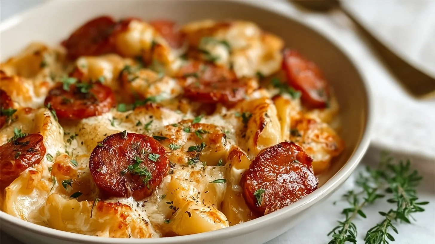 Delicious Kielbasa Pierogi Bake served hot with garnishes.