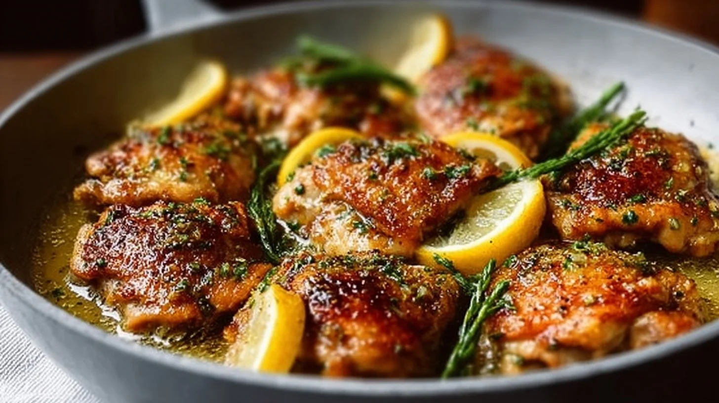 Lemon Garlic Butter Chicken Thighs cooked with fresh lemon and garlic.
