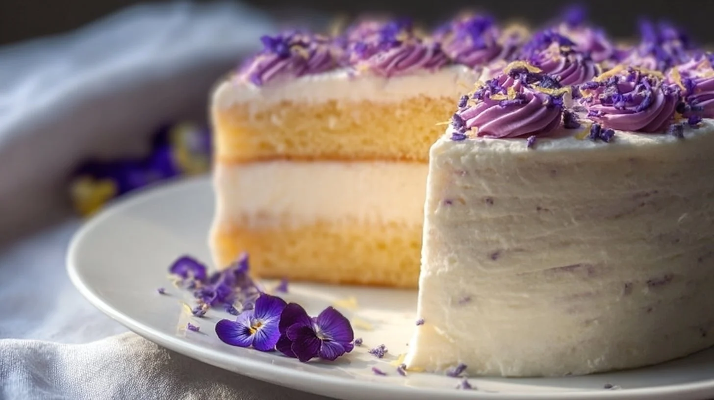 Lemon Lavender Dream Cake with a creamy frosting and lavender sprigs on top.