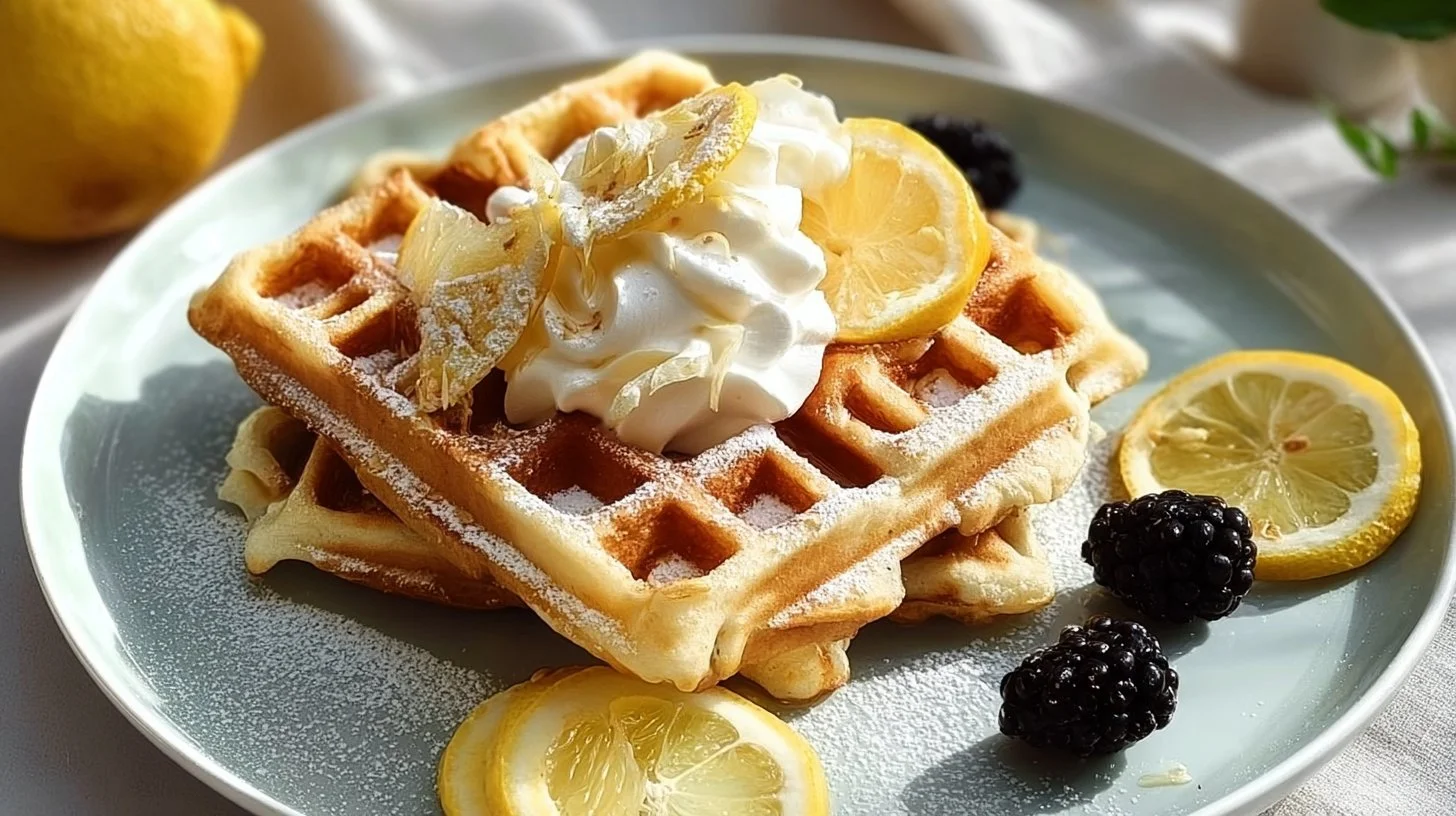 Delicious lemon seed waffles served with syrup and fresh fruit