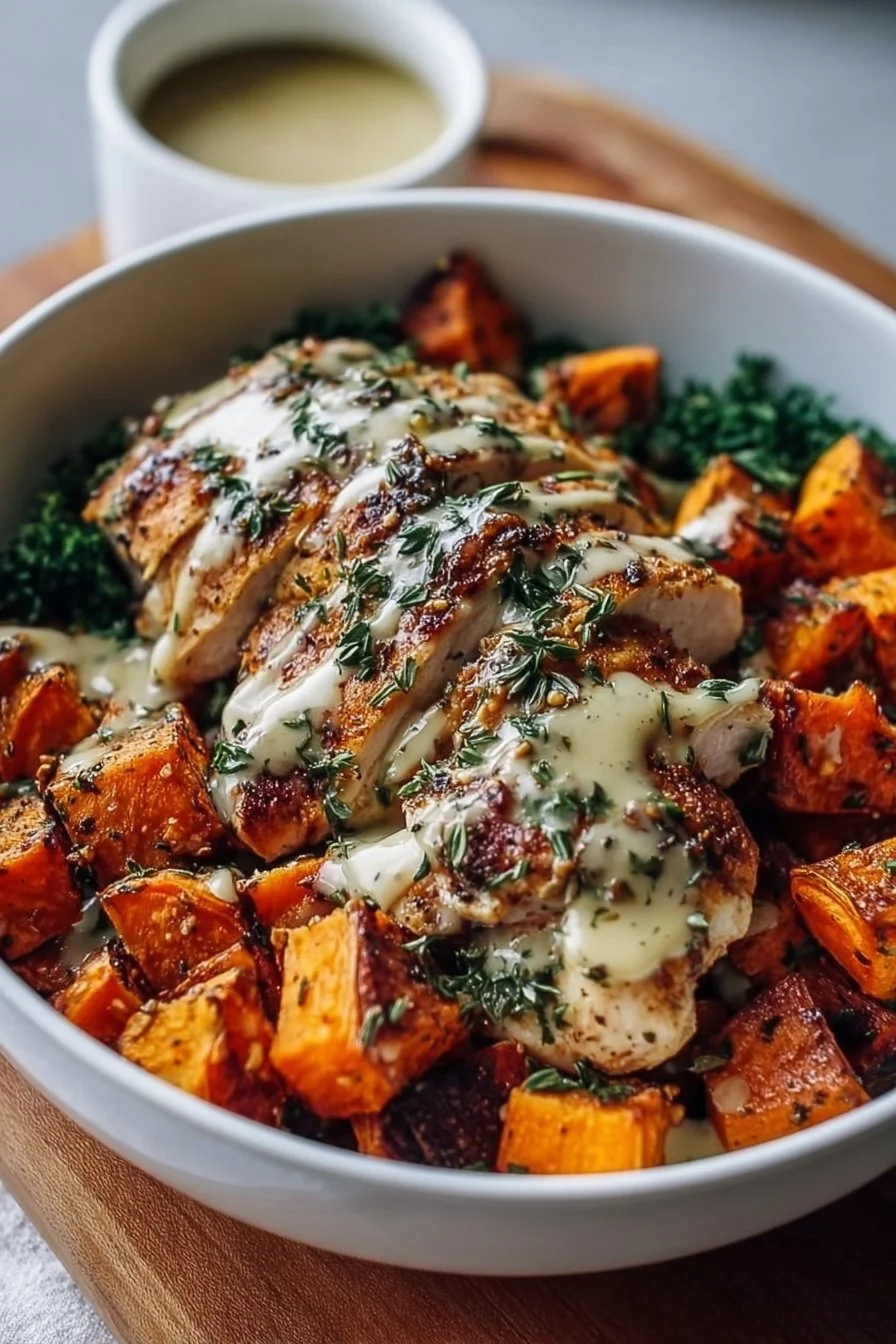Maple Dijon Chicken & Roasted Sweet Potato Bowl