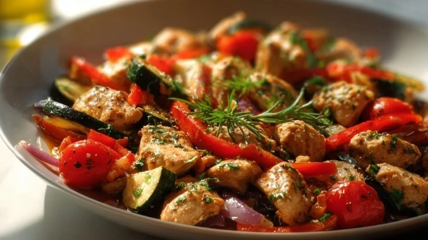 Colorful Mediterranean Chicken Stir Fry with fresh vegetables and spices.