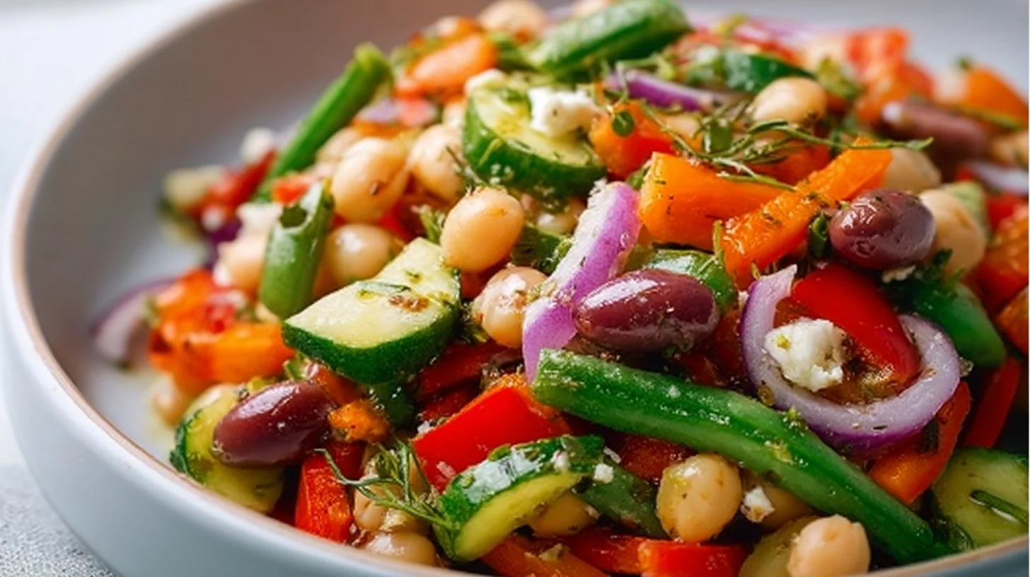 Delicious Mediterranean Dense Bean Salad with colorful vegetables and beans