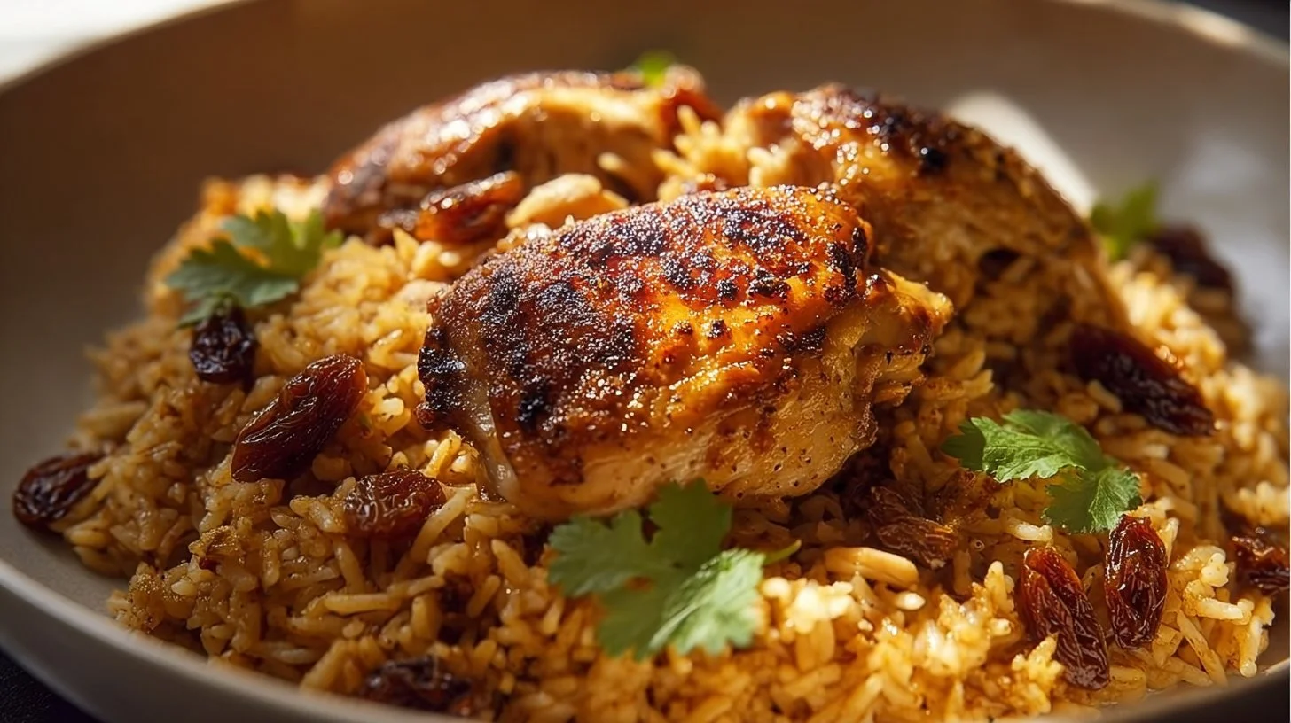 Moroccan Chicken with Rice, Spices, and Raisins served in a vibrant plate