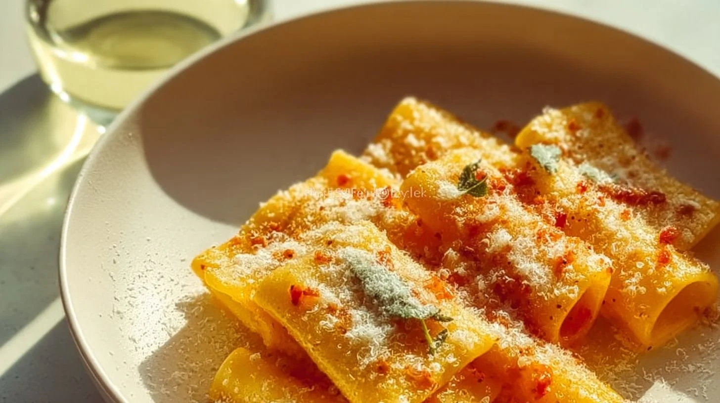 Plate of Paccheri pasta served with Mezcal sauce and garnished with herbs.
