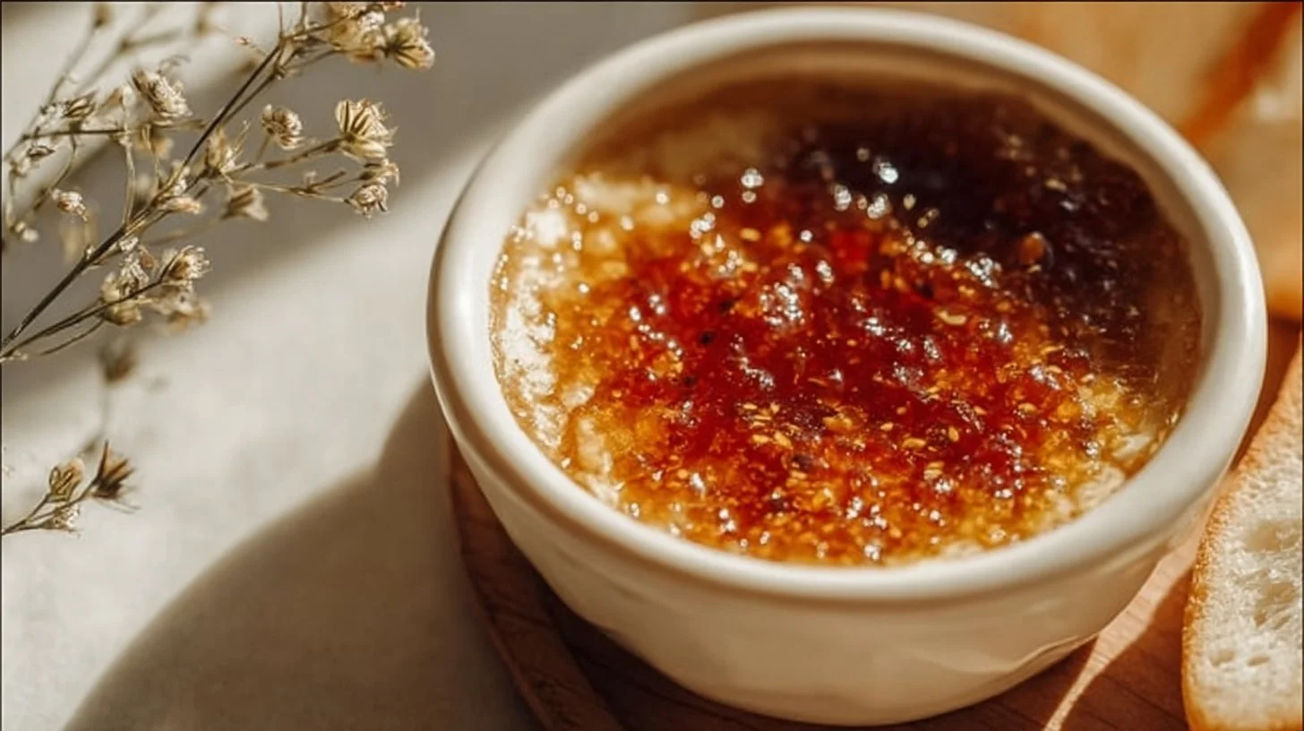 Bowl of Pepper Jelly Cheese Dip with crackers on a serving platter.