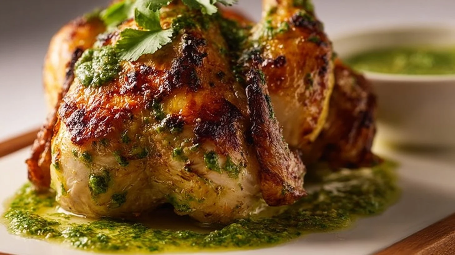 Peruvian style roast chicken served with aji verde sauce on a plate