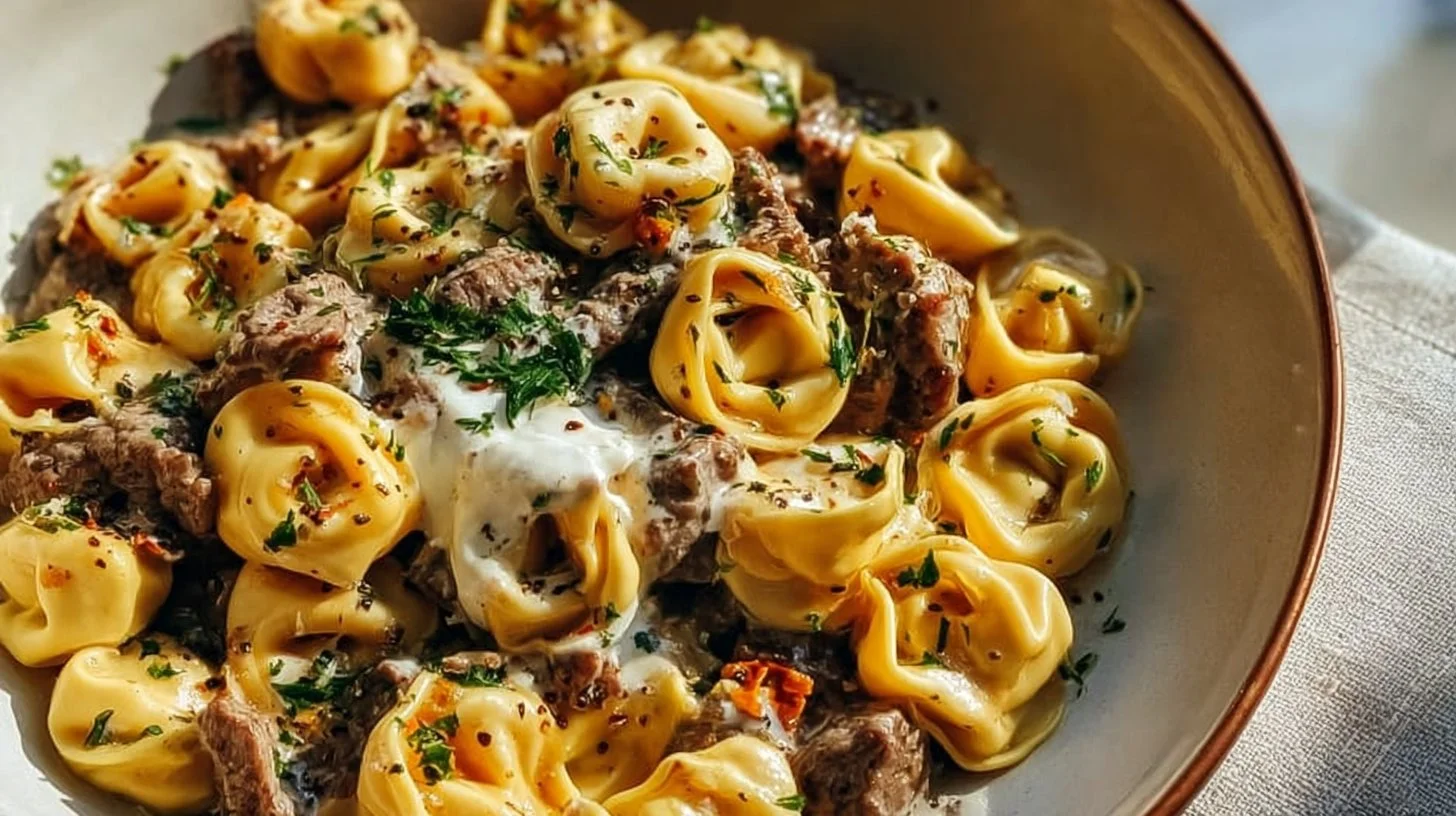 Delicious Philly Cheesesteak Tortellini Pasta served in a bowl with toppings
