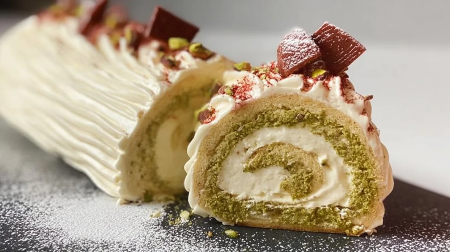 Pistachio and Cardamom Yule Log dessert elegantly presented for holiday celebrations.