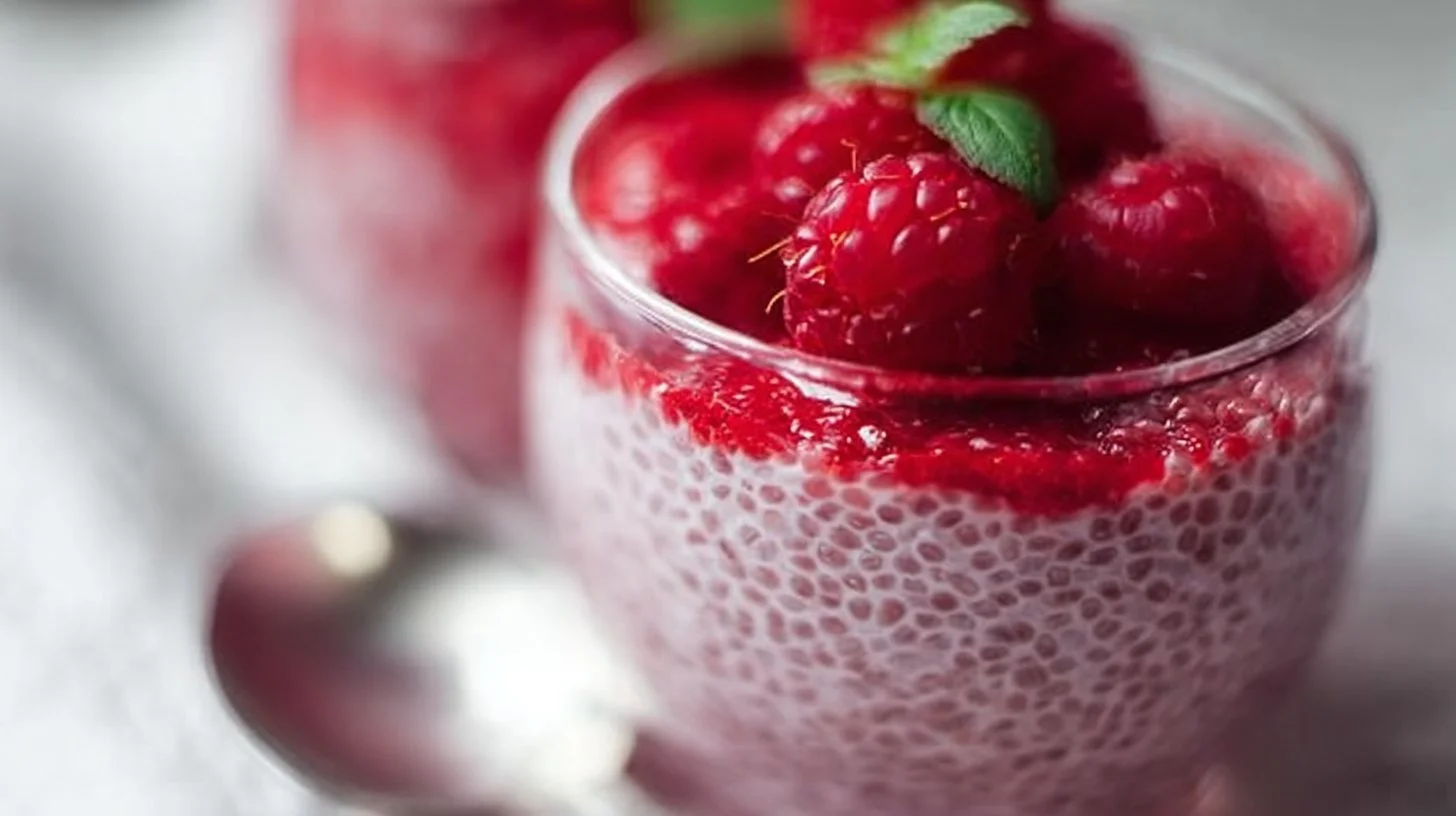 Delicious raspberry chia pudding topped with fresh raspberries and mint.