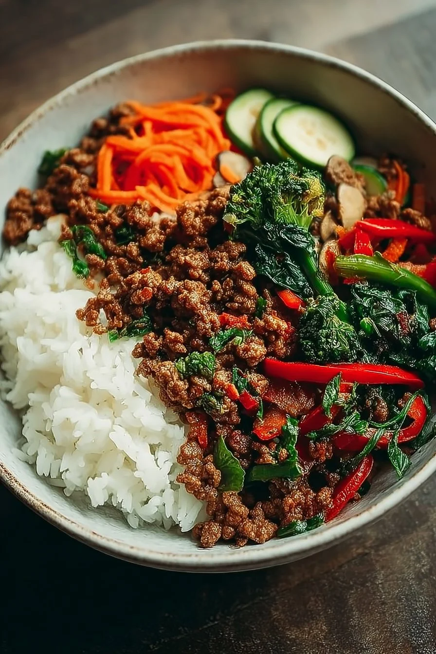 Spicy Ground Beef Stir-Fry Bowl with Garlic Veggies & Steamy Rice