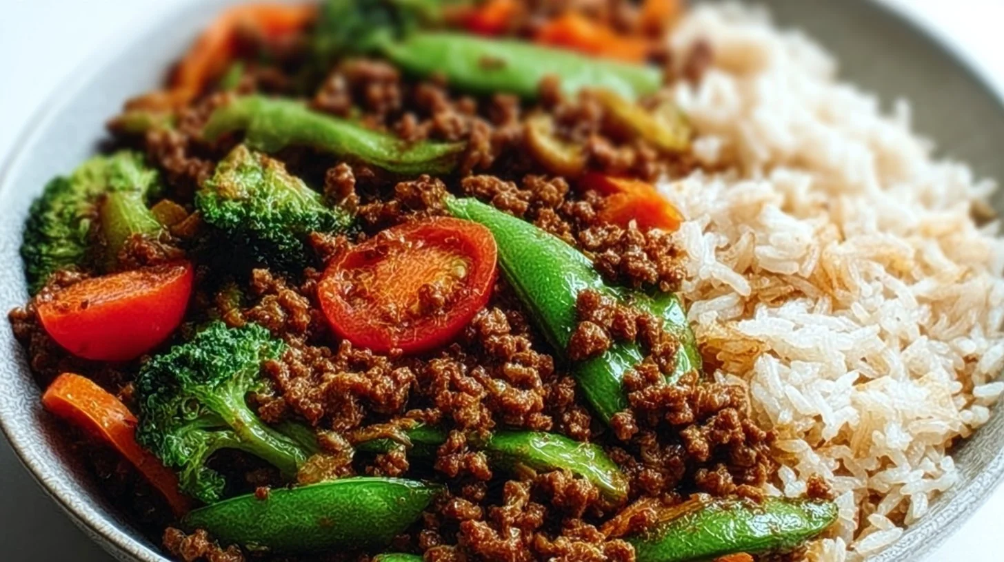 Spicy ground beef stir-fry bowl with garlic vegetables and rice