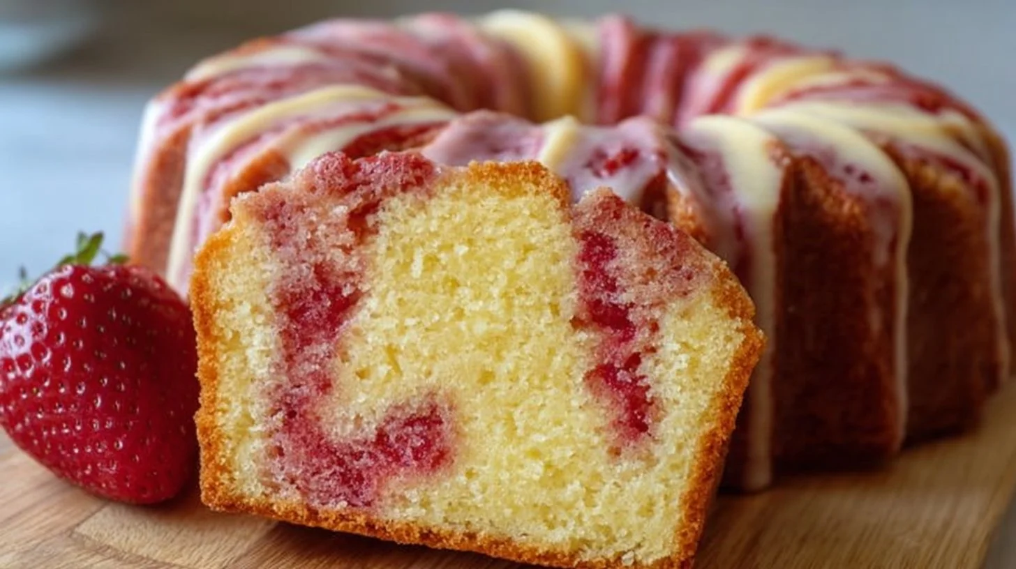 Slice of strawberry milkshake pound cake with fresh strawberries and whipped cream