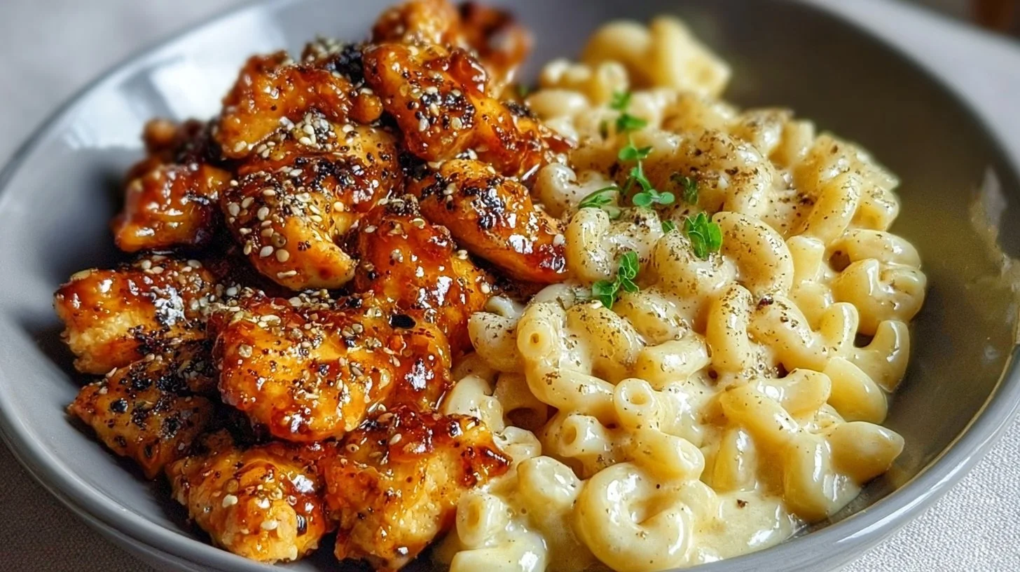 Sweet and spicy honey pepper chicken served with creamy mac and cheese