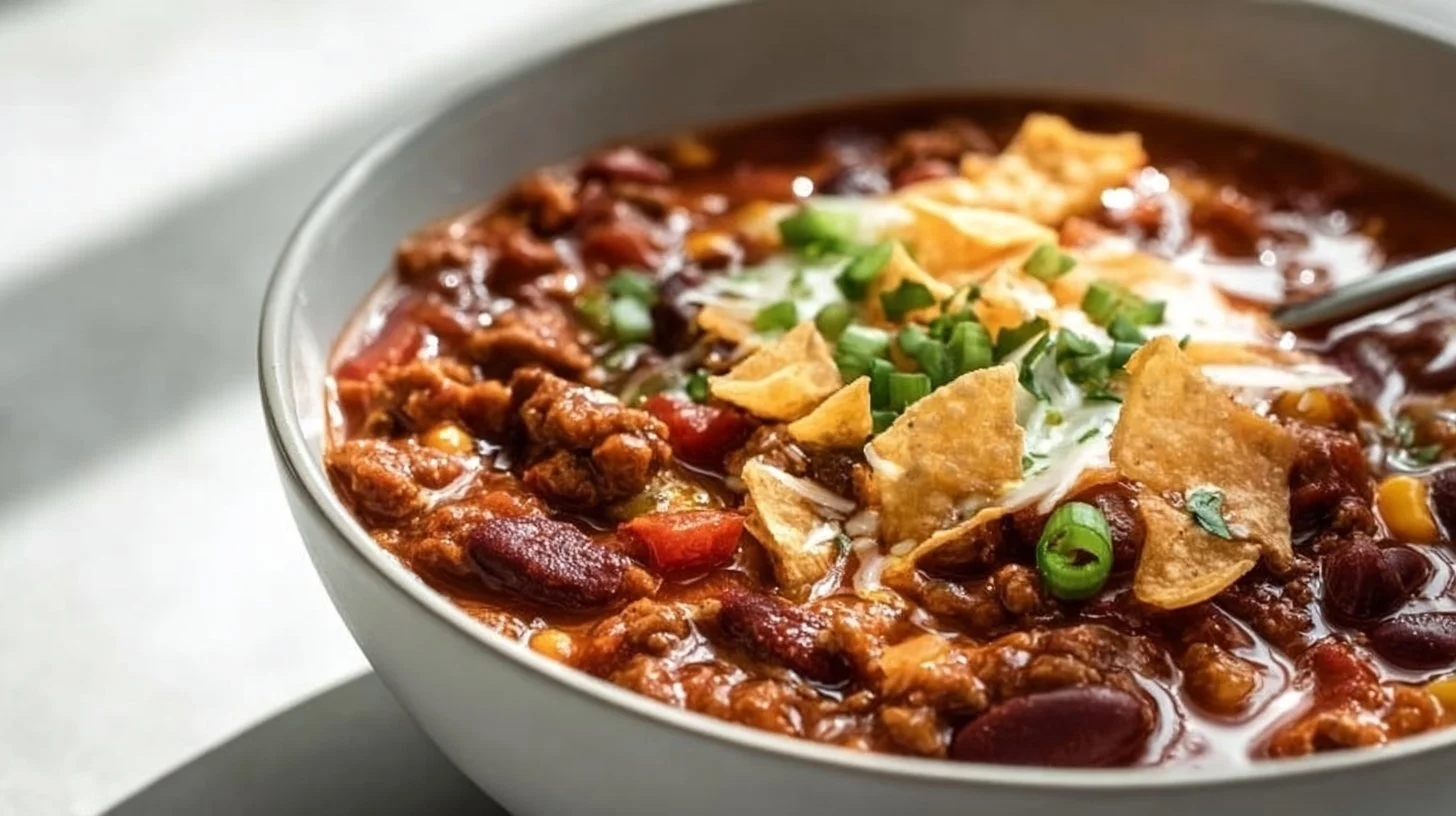 A bowl of hearty taco soup topped with cheese, avocado, and cilantro.