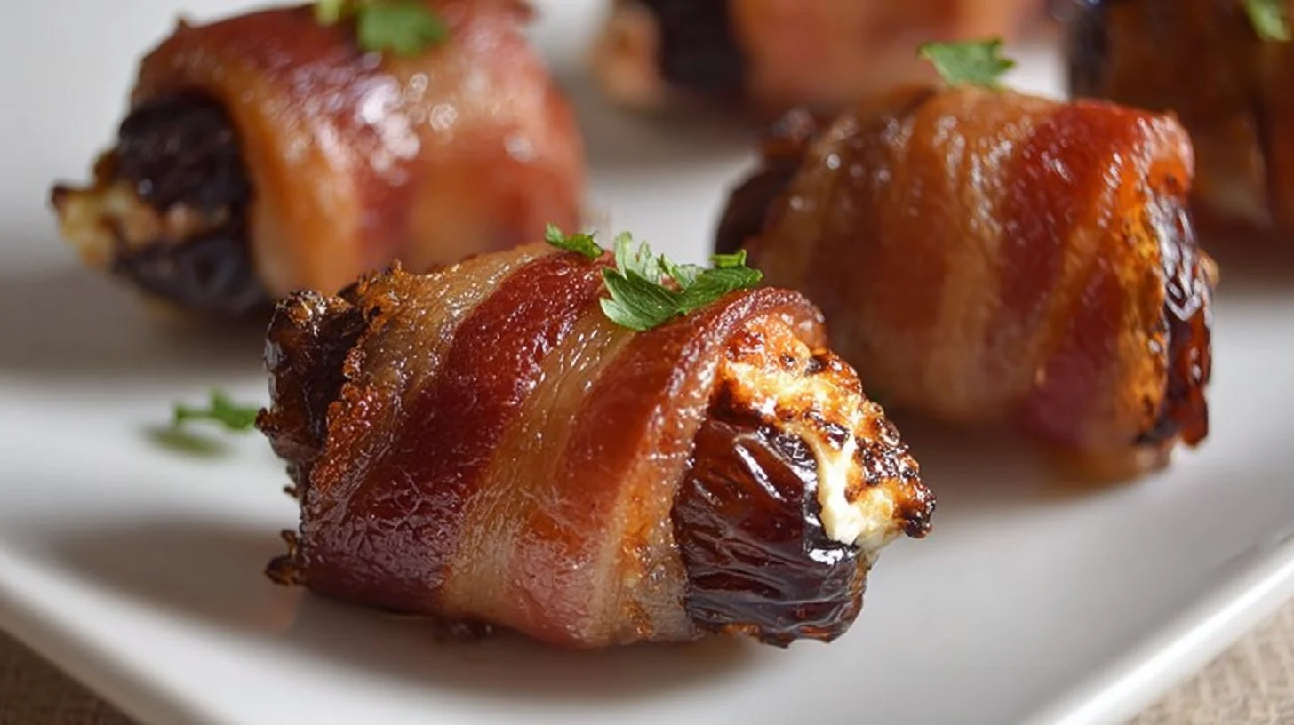 Turkey Bacon Wrapped Dates stuffed with cream cheese on a serving platter.